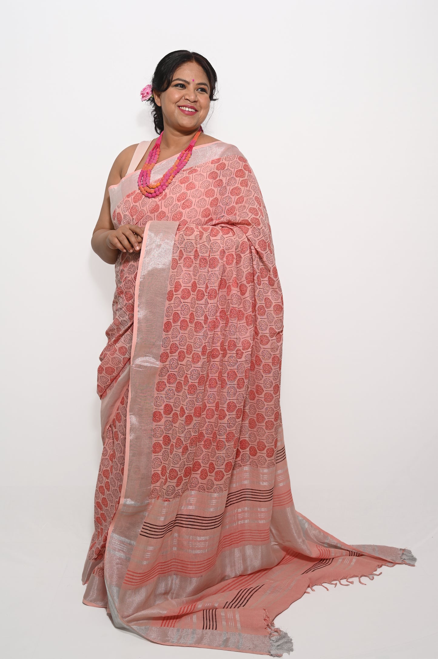 Peach Linen Block printed Saree