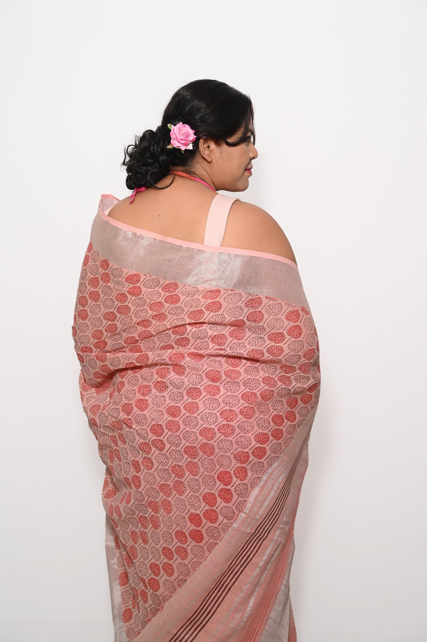 Peach Linen Block printed Saree