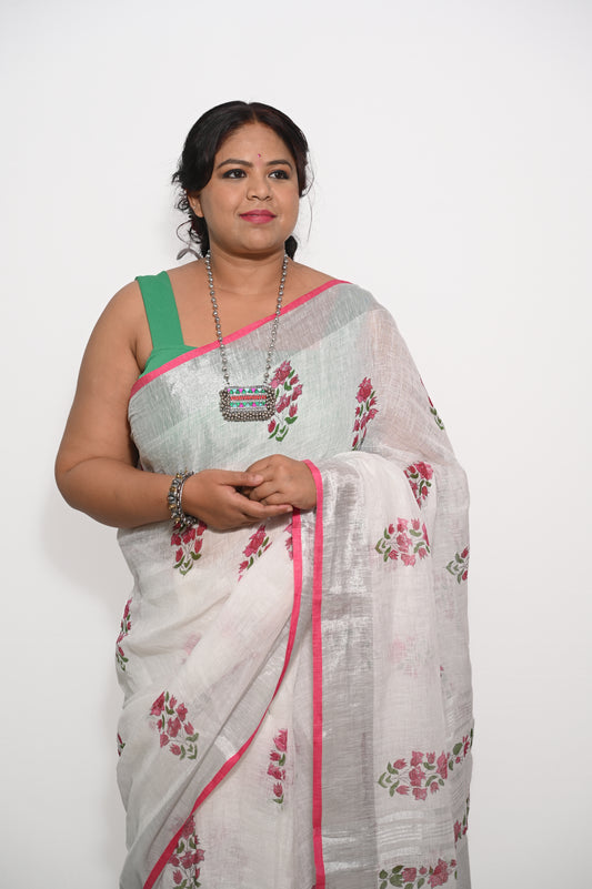 White Bougainvillea Pure Linen Block printed Saree