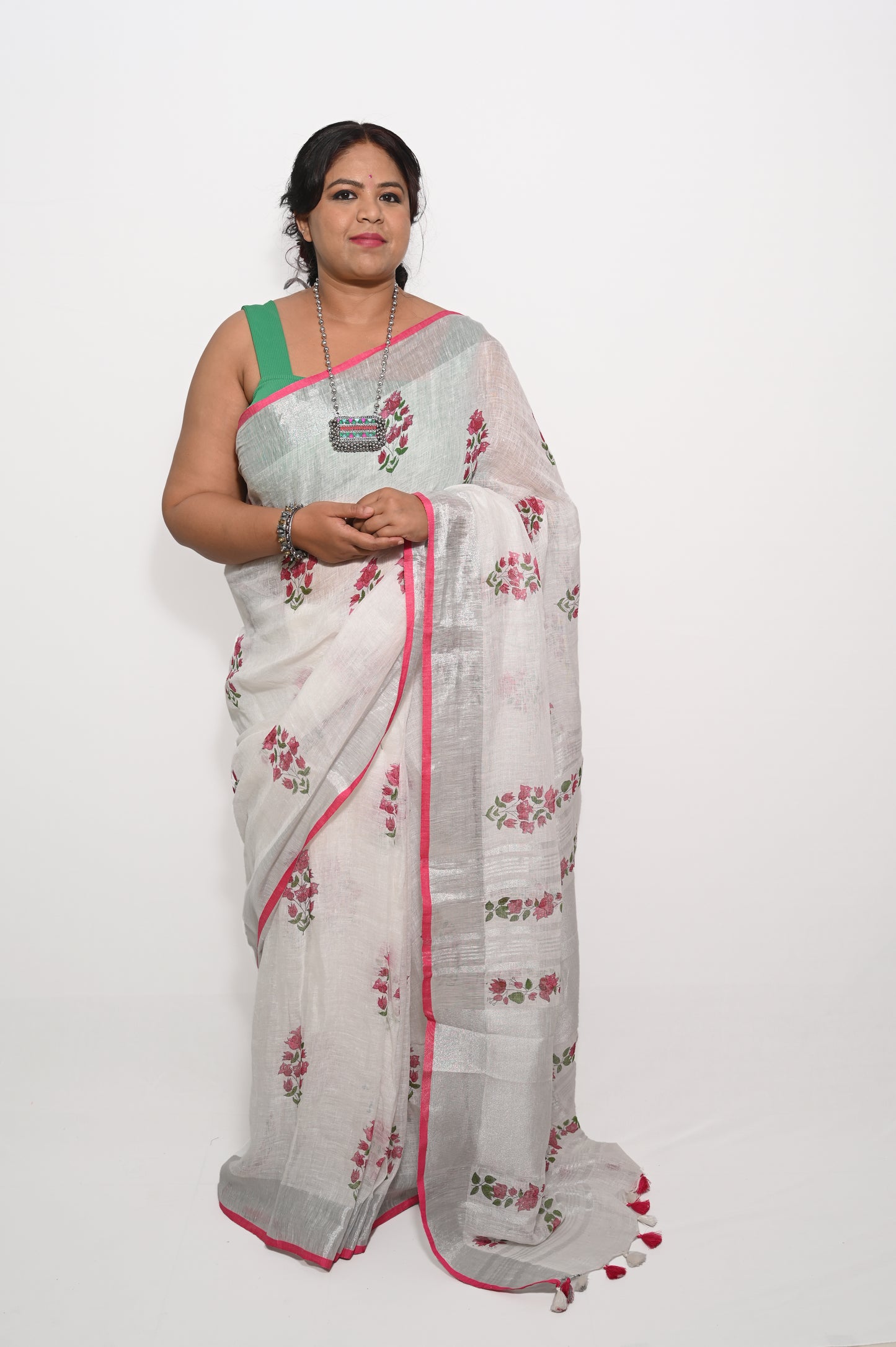 White Bougainvillea Pure Linen Block printed Saree