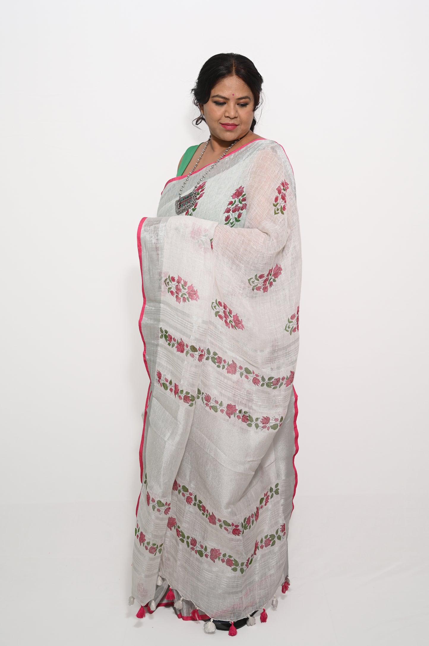 White Bougainvillea Pure Linen Block printed Saree