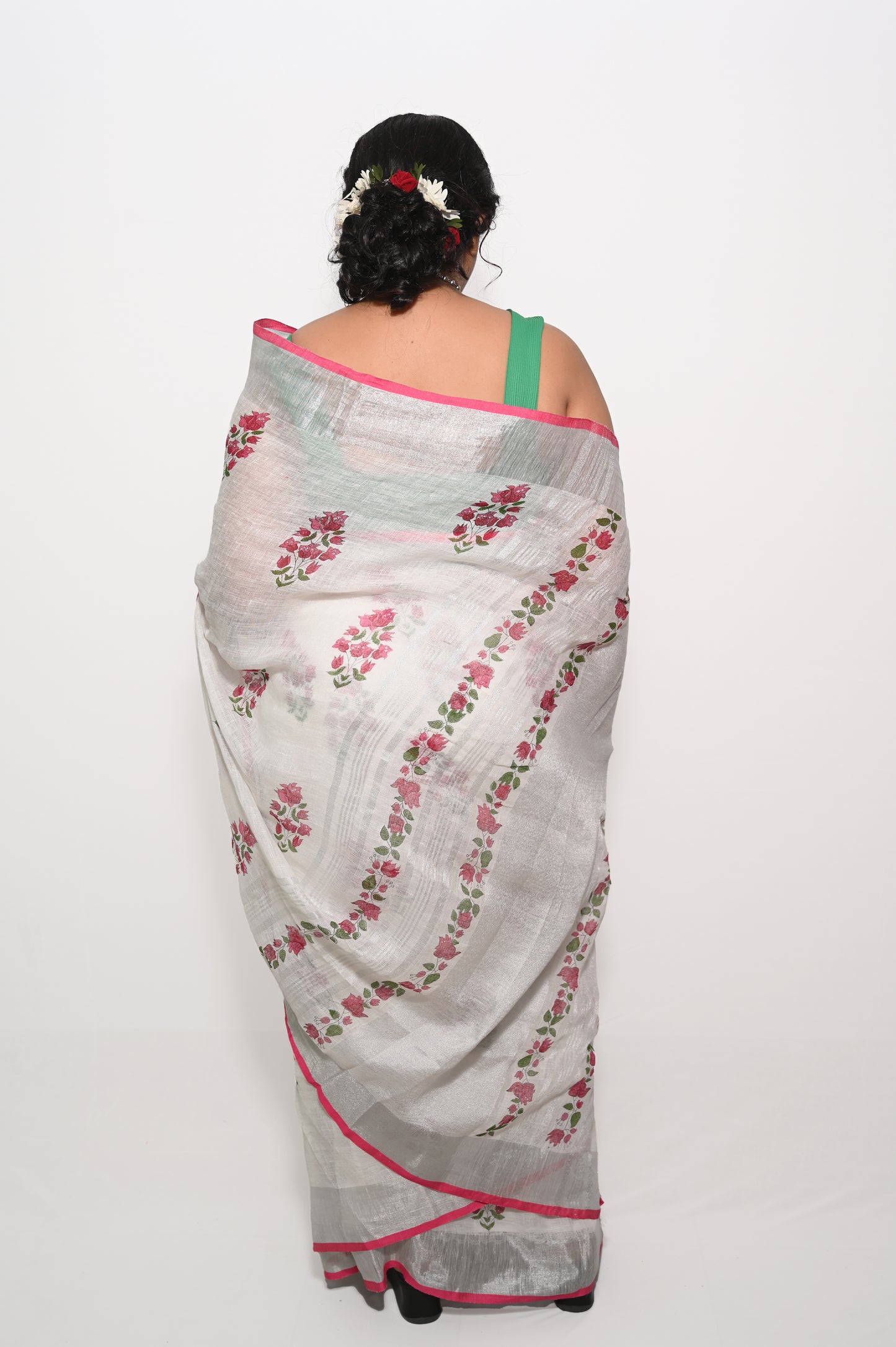 White Bougainvillea Pure Linen Block printed Saree