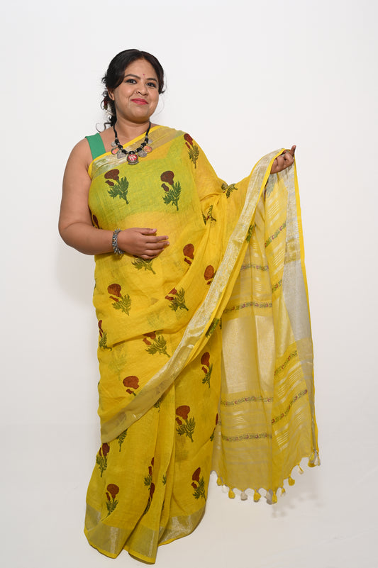 Yellow Marigold Block printed Pure Linen Saree