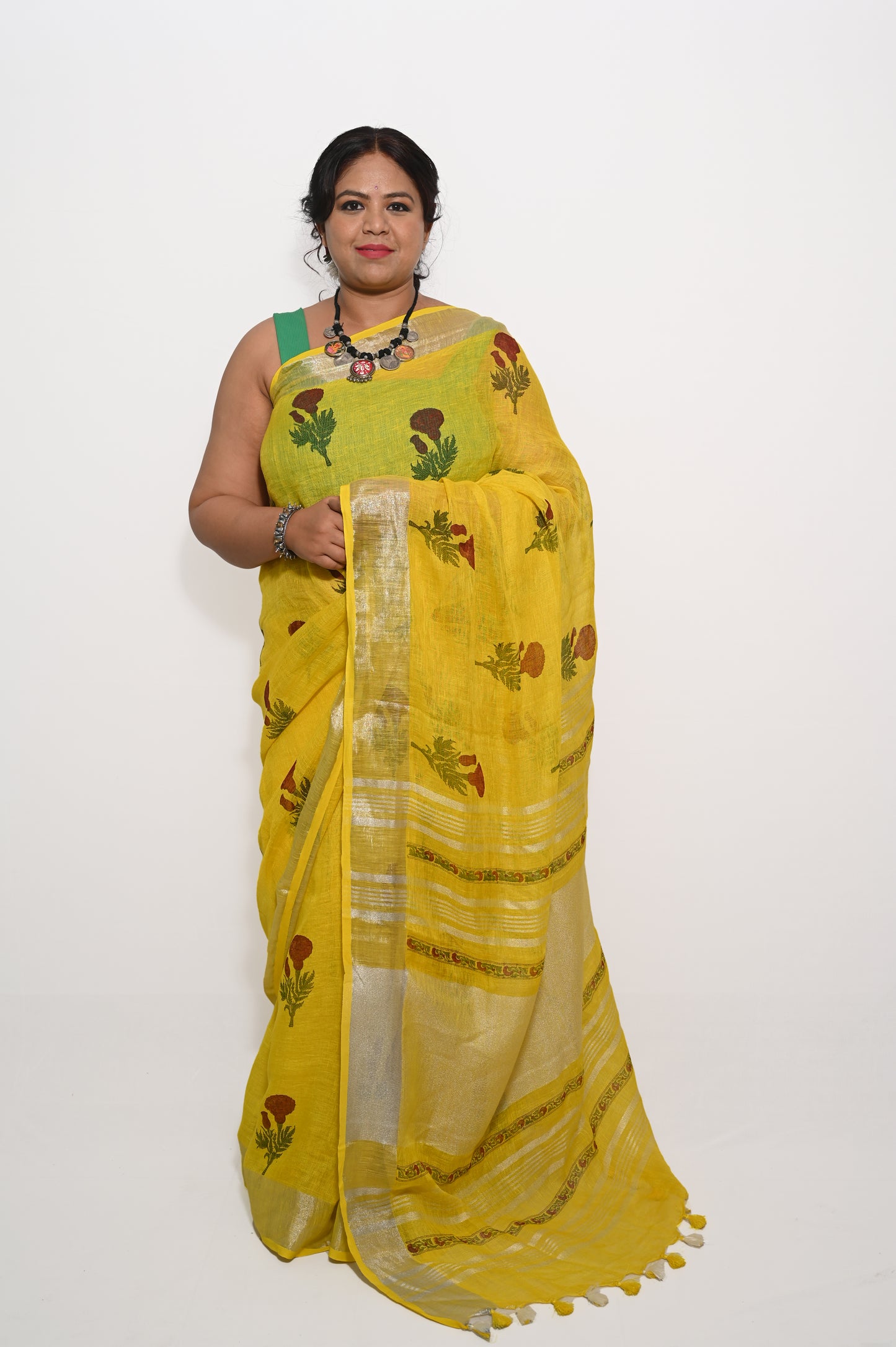 Yellow Marigold Block printed Pure Linen Saree