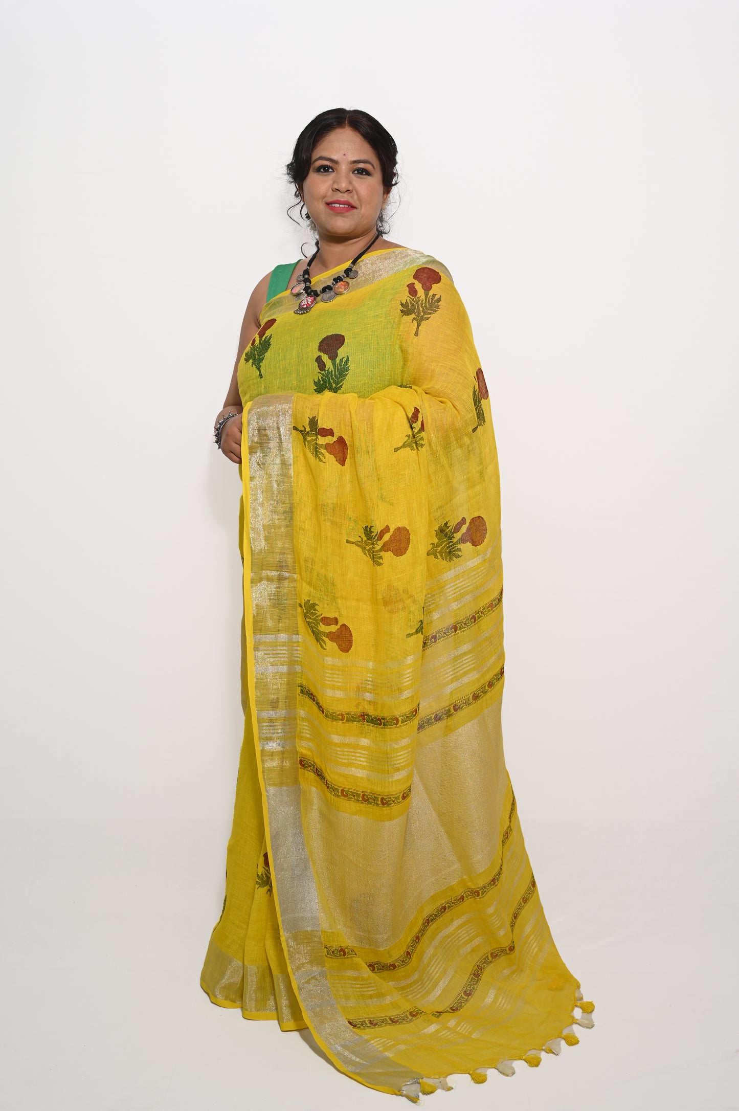 Yellow Marigold Block printed Pure Linen Saree