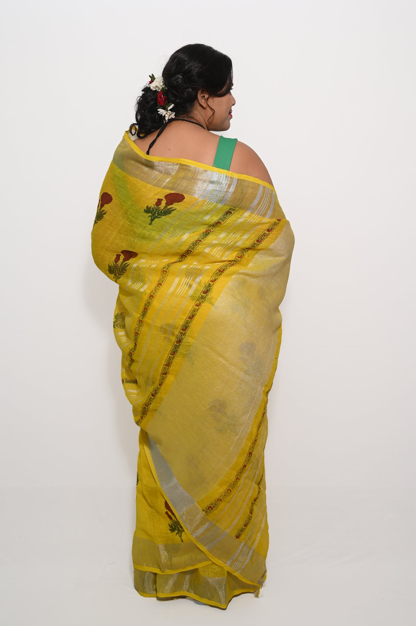 Yellow Marigold Block printed Pure Linen Saree