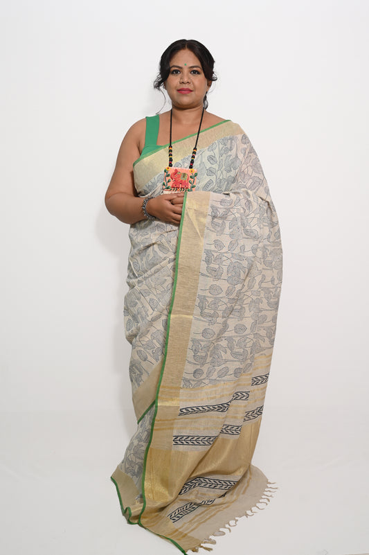 Off White Parna Linen Block printed Saree