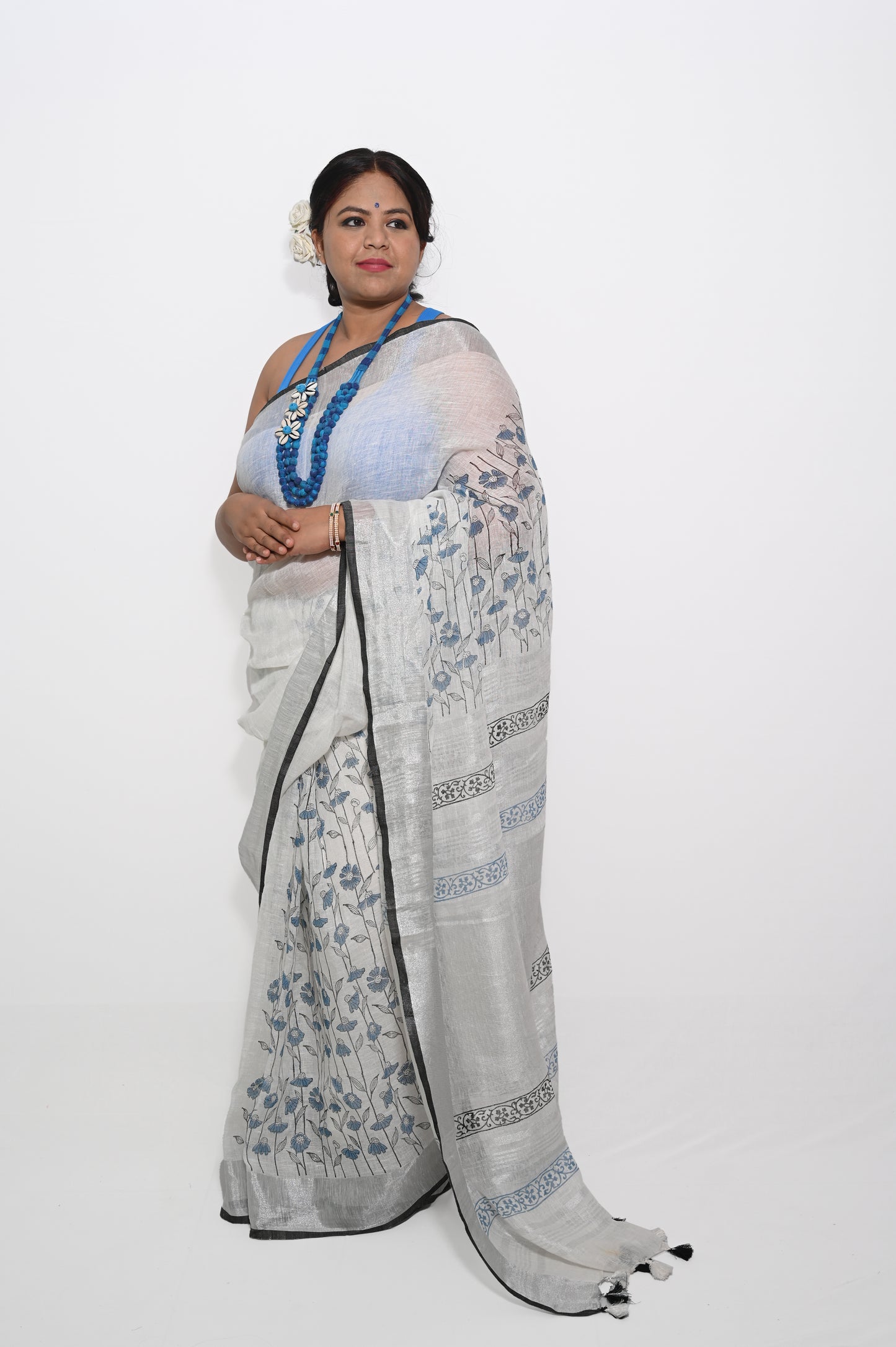 White pure linen saree with blue block prints