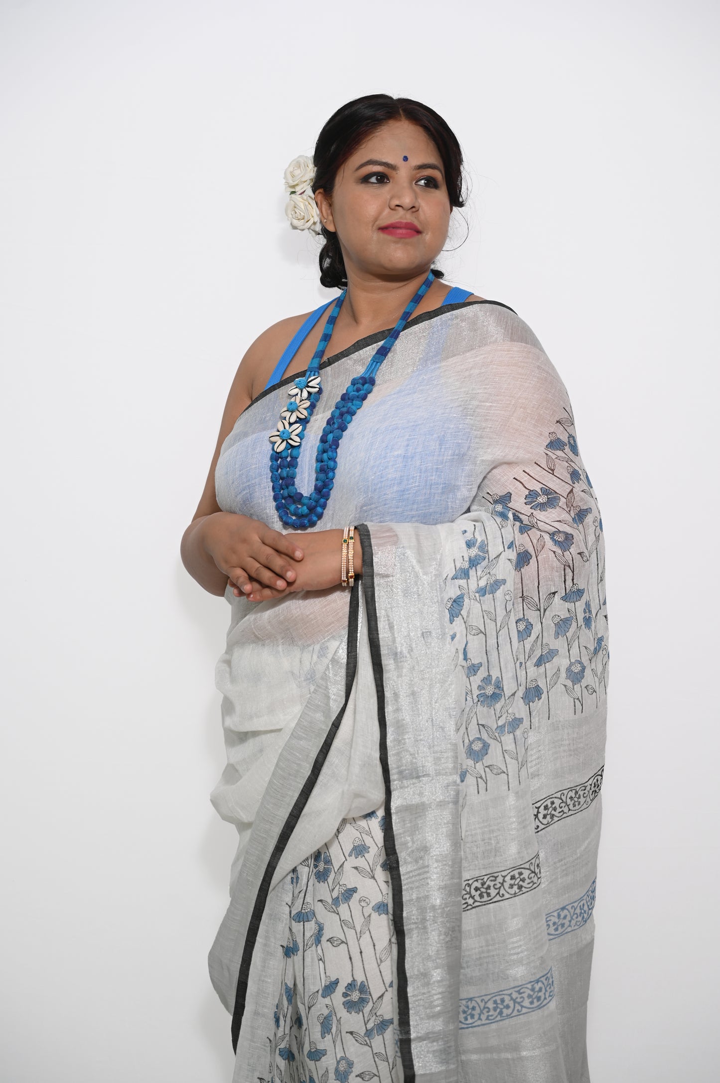 White pure linen saree with blue block prints