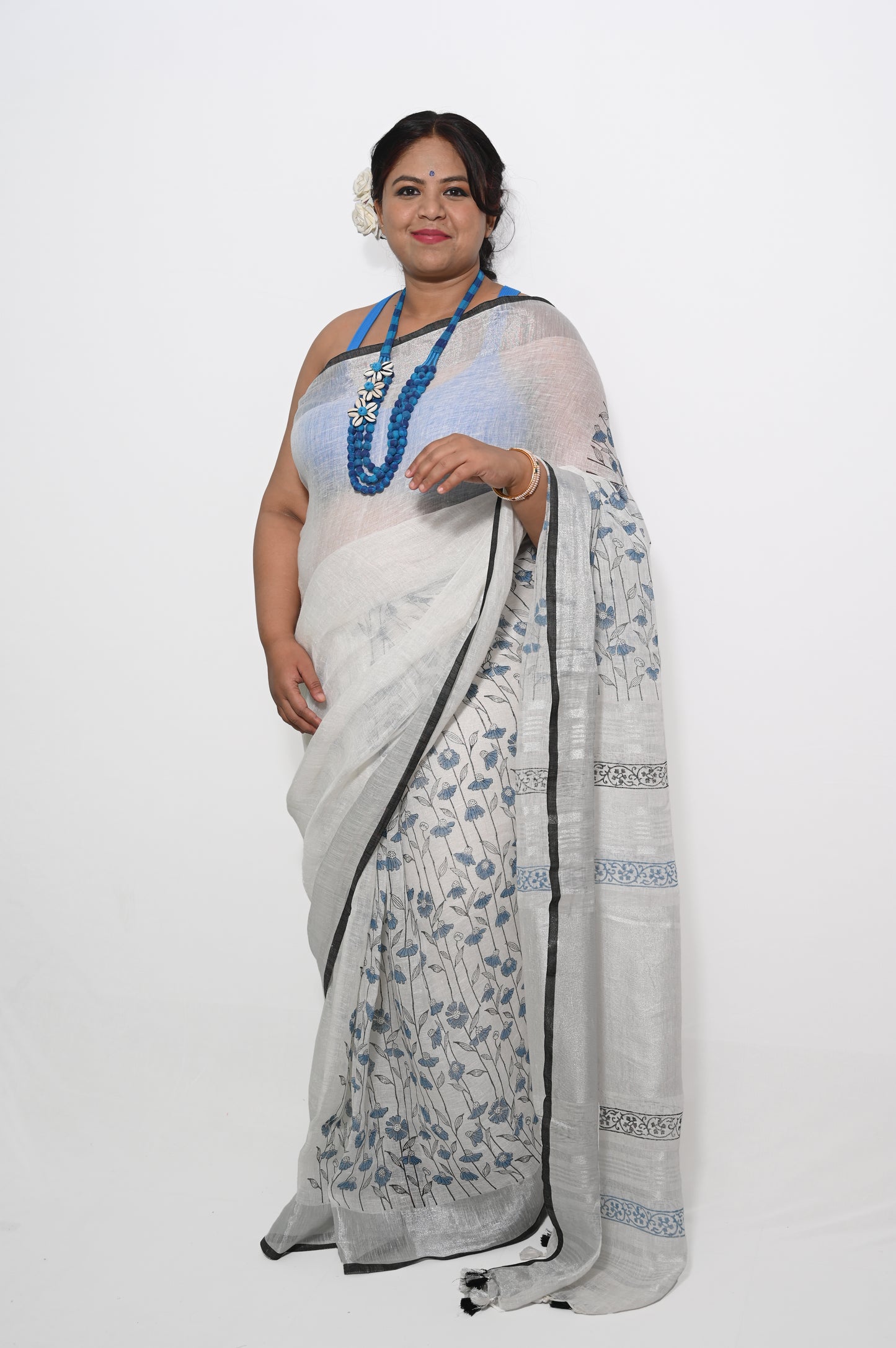 White pure linen saree with blue block prints