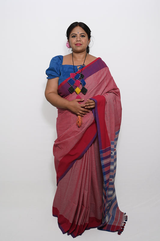 Assam Handloom Pure Cotton Saree in White and Red