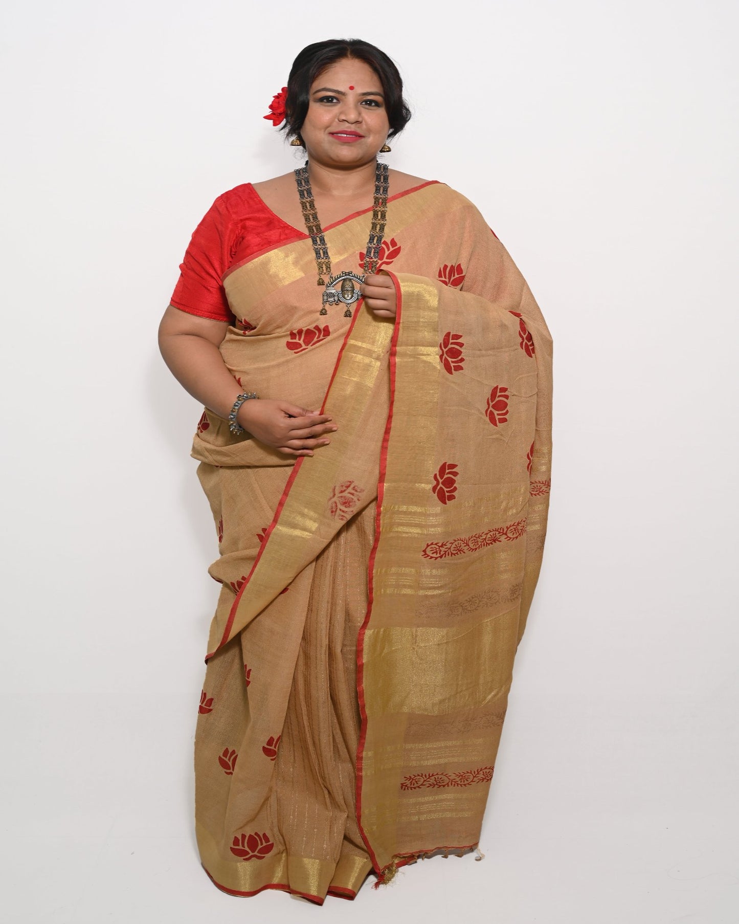 Golden beige block printed linen saree