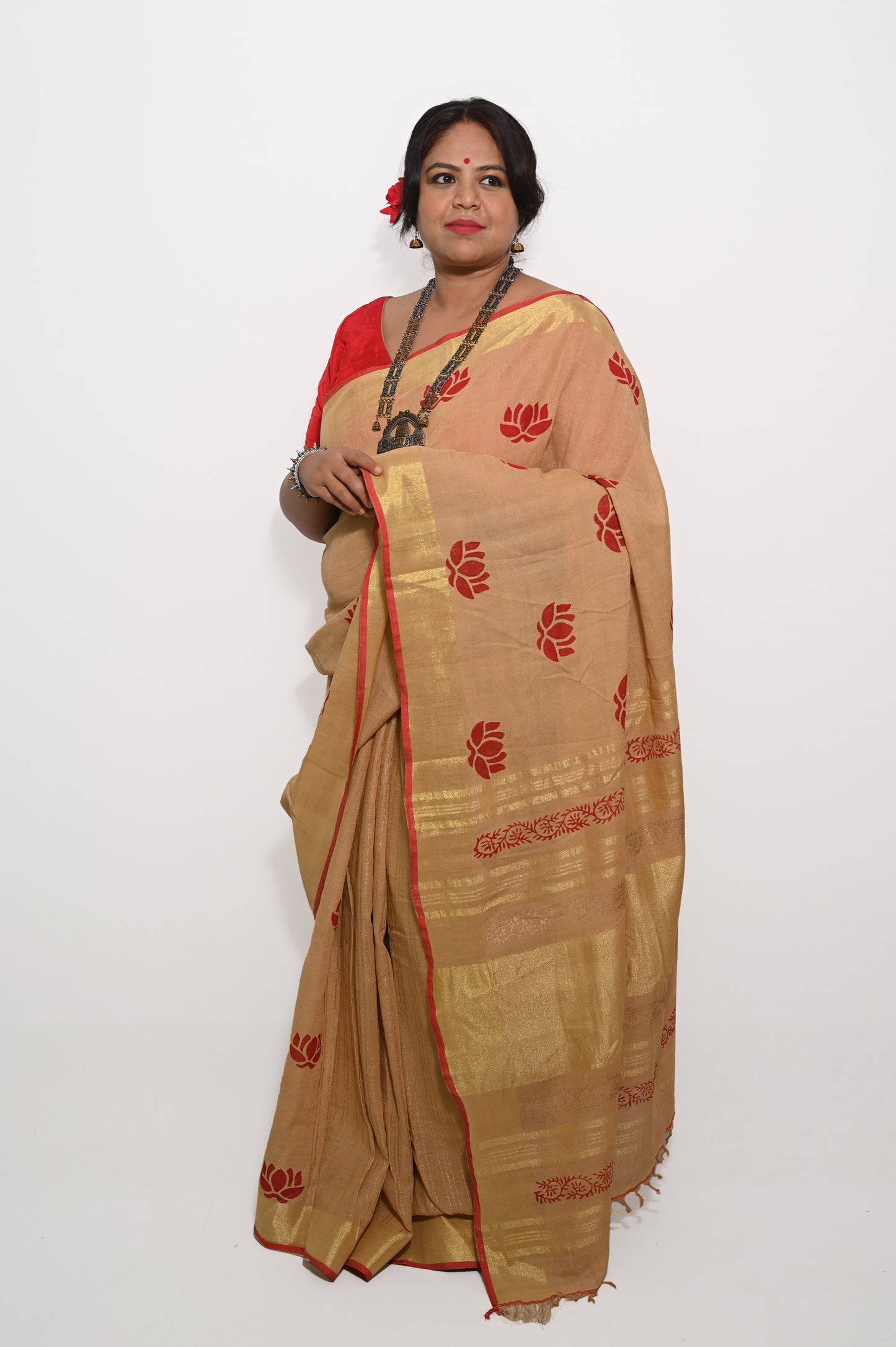 Golden beige block printed linen saree