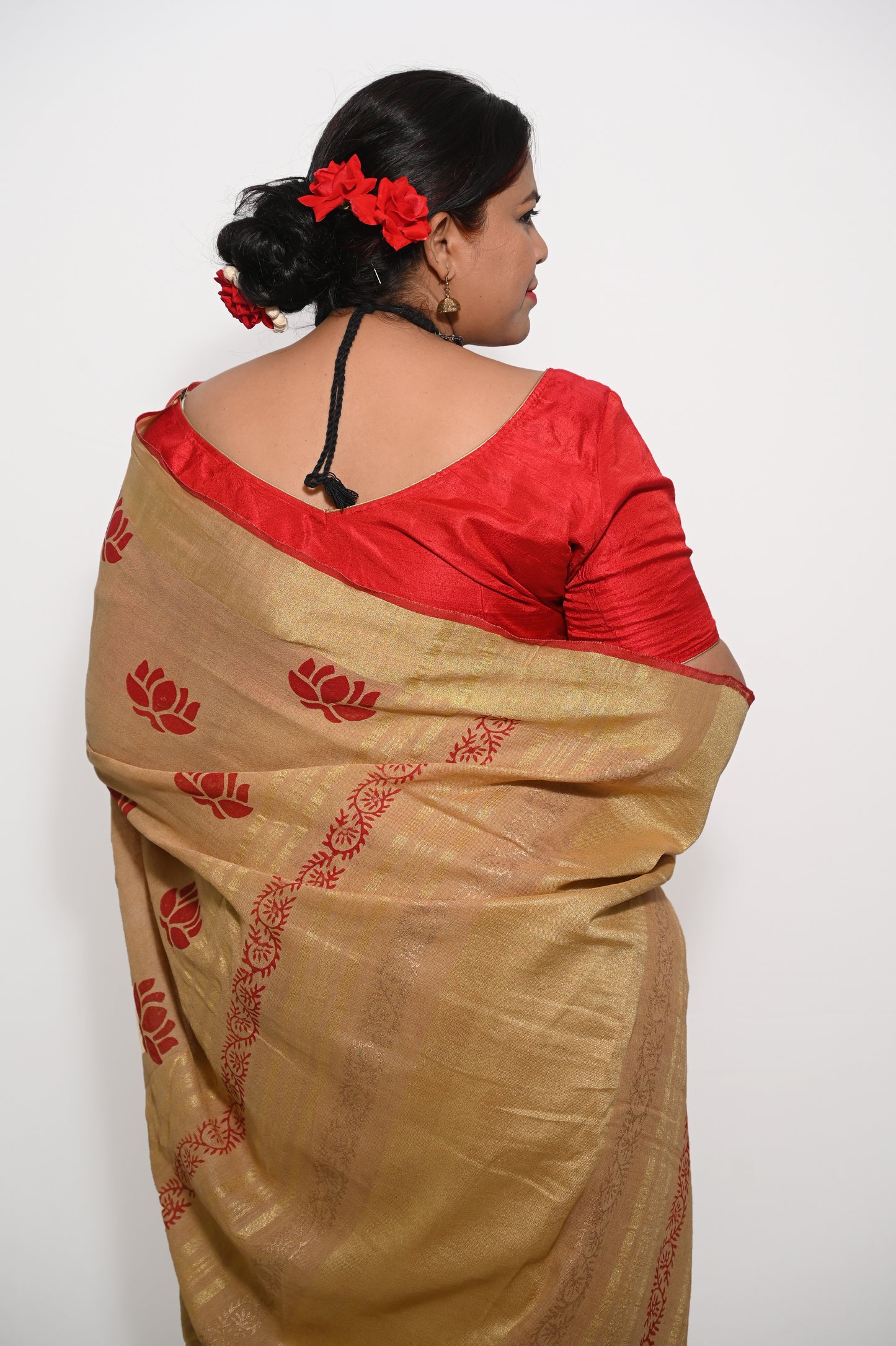 Golden beige block printed linen saree