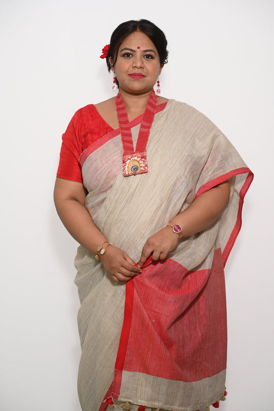 Beige and red pure linen saree