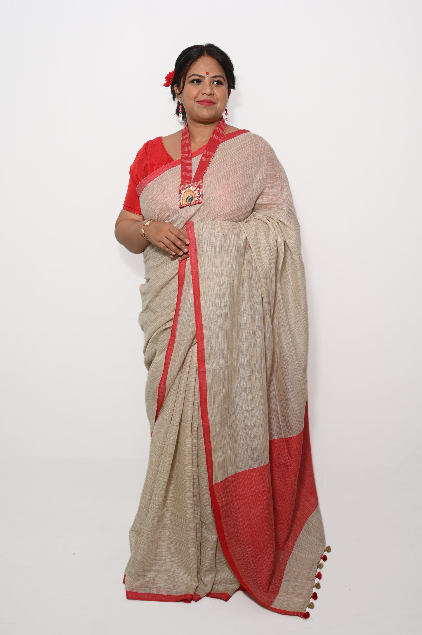 Beige and red pure linen saree