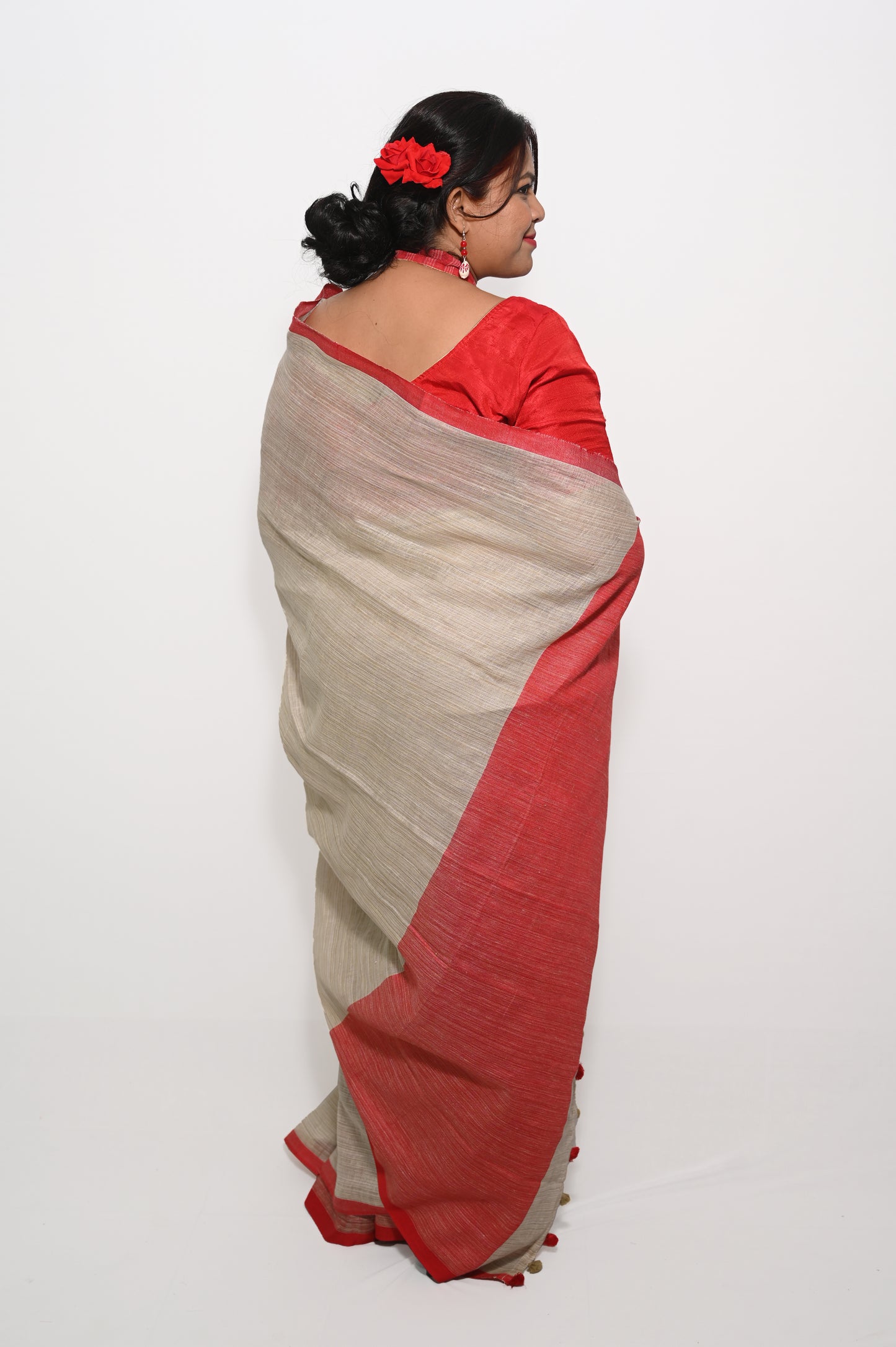 Beige and red pure linen saree