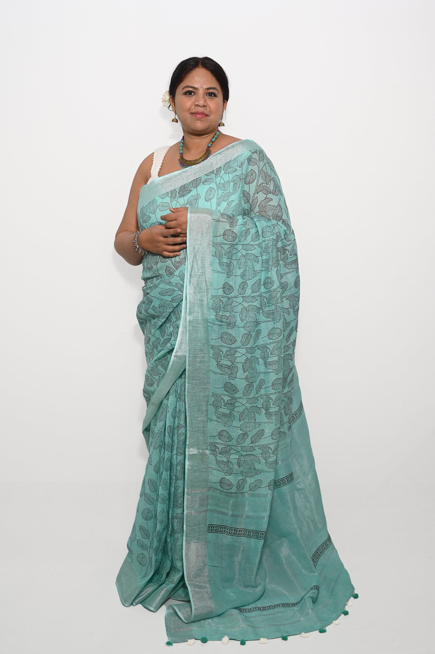 Blue block printed pure linen saree