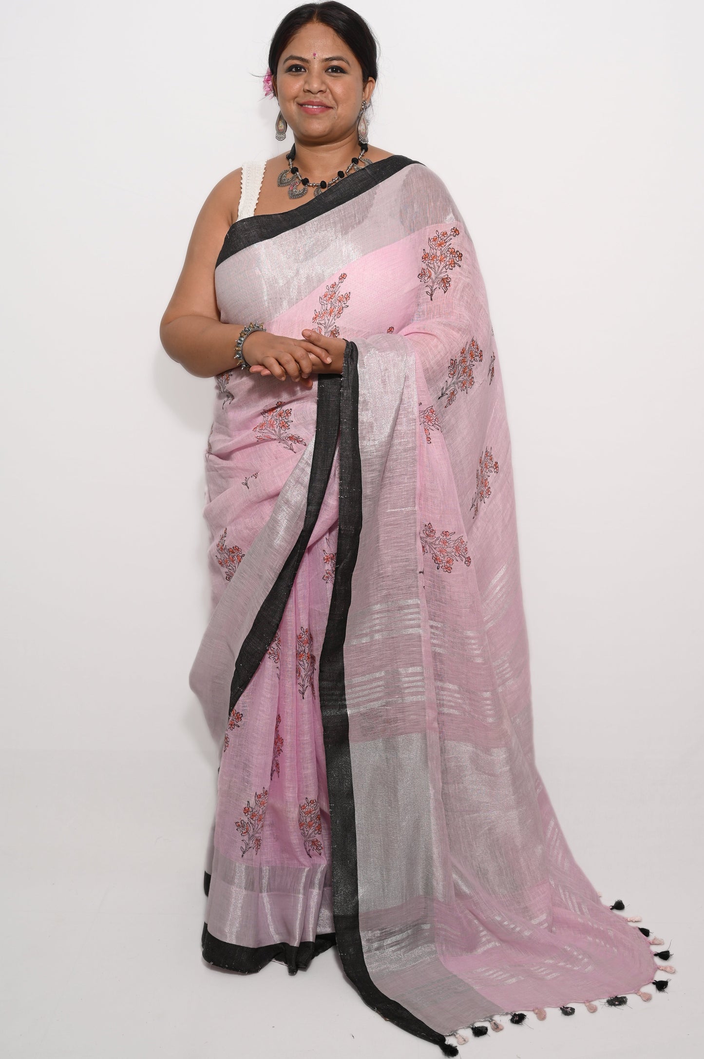 Pink pure linen block printed saree