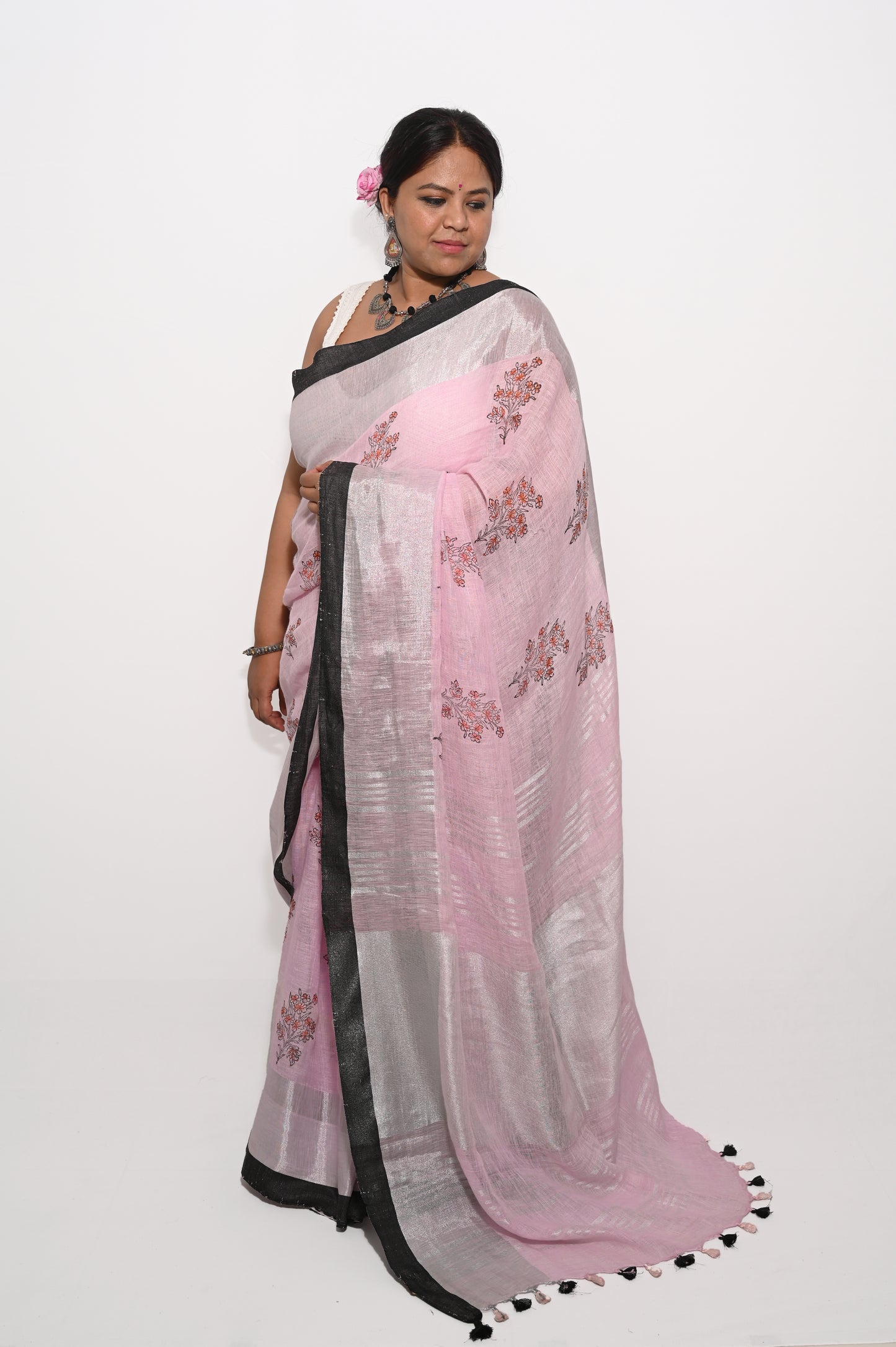 Pink pure linen block printed saree