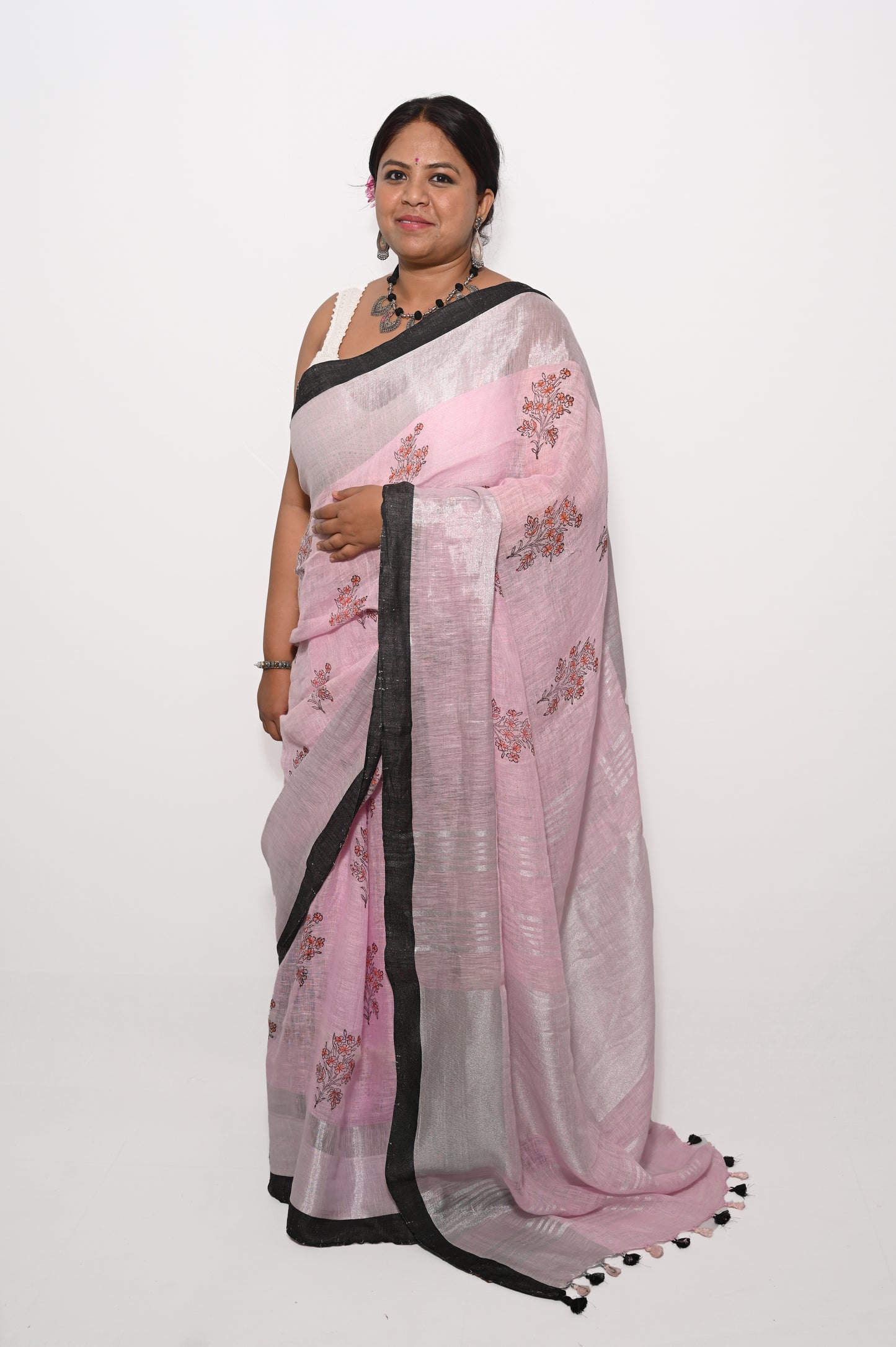 Pink pure linen block printed saree