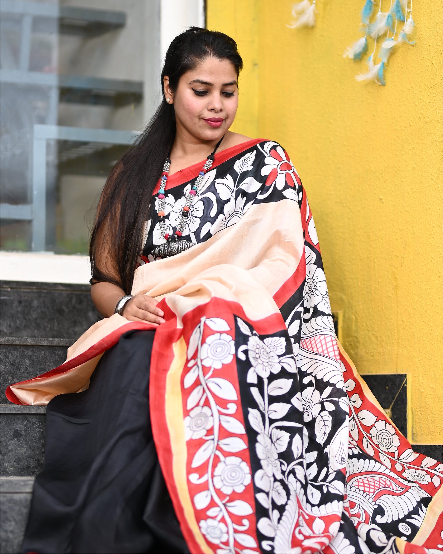 Off White & Black Kalamkari Hand Painted Pure Silk Saree