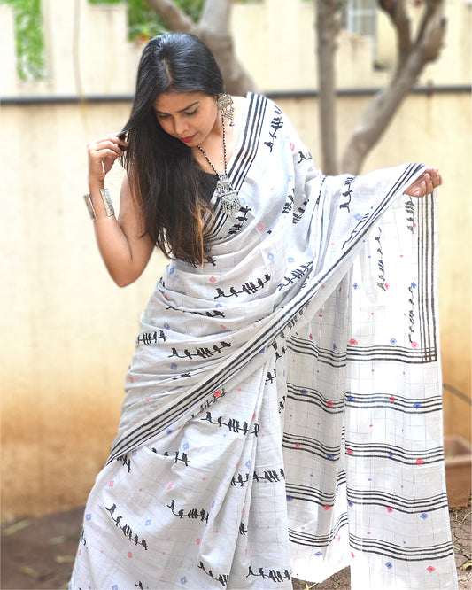 Grey Handloom Jamdani Saree with Block print