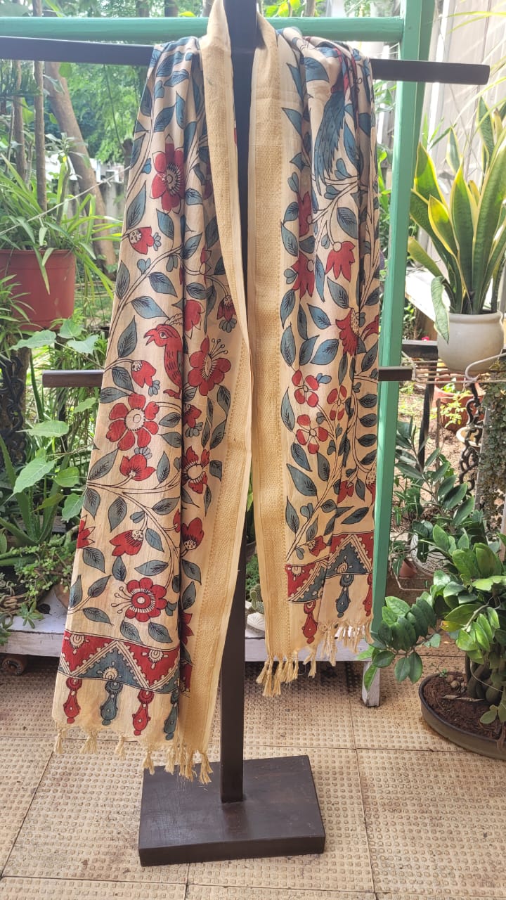 Beige Kalamkari Handpainted Dupatta