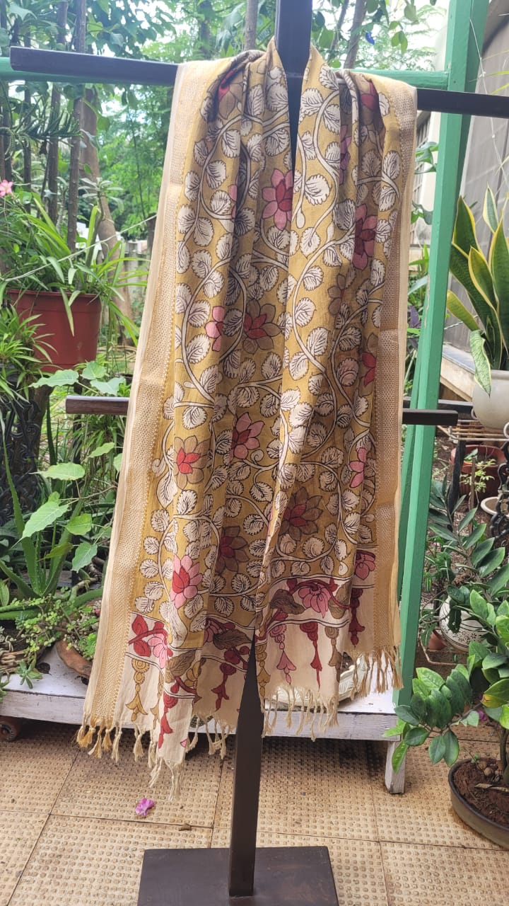 Yellow Kalamkari Handpainted Dupatta